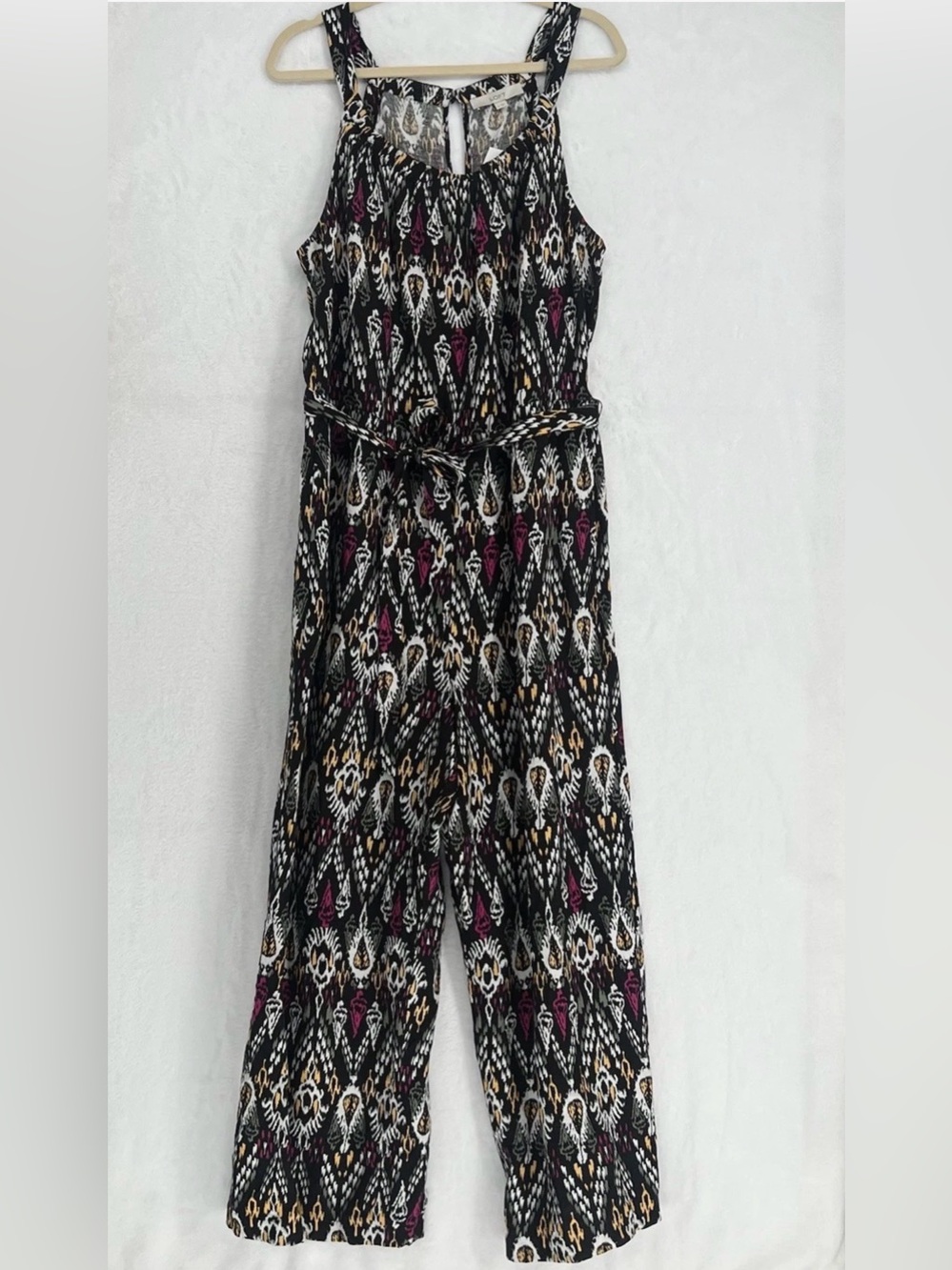 LOFT Women’s Linen-Blend Ikat Belted Scoop Neck Jumpsuit NWT Sz XL Pockets Boho